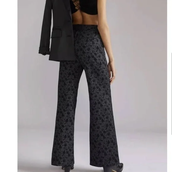 Anthropologie Maeve Jacquard Black Gray Floral Paisley Flare Wide Leg Pants 0 - Picture 4 of 7
